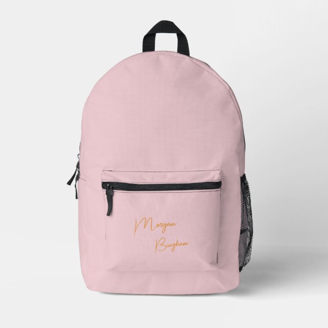 Minimalist monogram script pink printed backpack (Front)