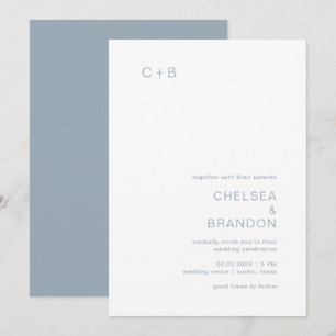 Minimalist Monogram Simple Dusty Blue Wedding Invitation