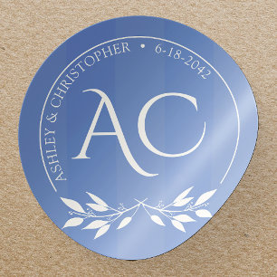 Minimalist Monogram Stripe Cornflower Blue Wedding Classic Round Sticker