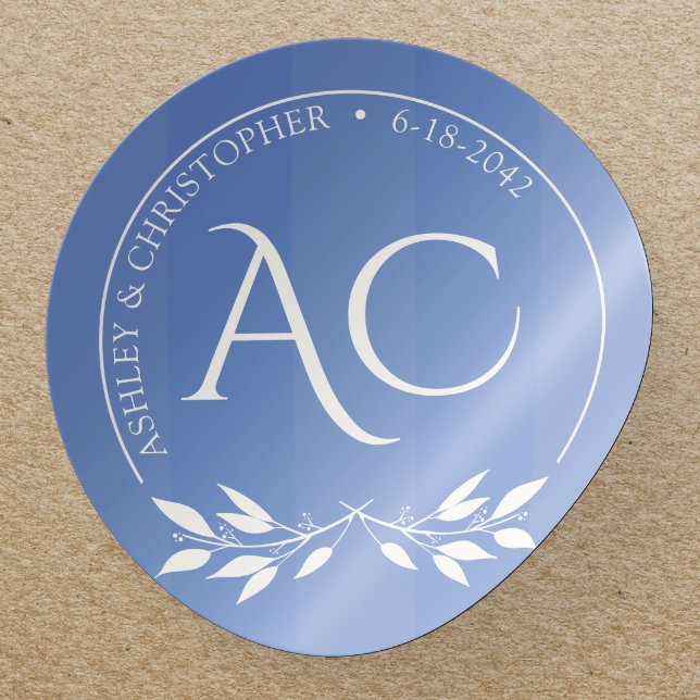 Minimalist Monogram Stripe Cornflower Blue Wedding Classic Round Sticker (Creator Uploaded)