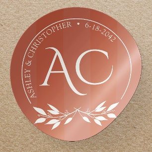 Minimalist Monogram Striped Copper Red Wedding Classic Round Sticker