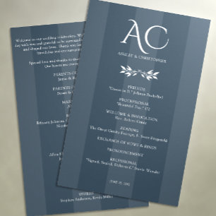 Minimalist Monogram Striped Indigo Blue Wedding Program