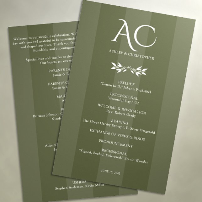 Minimalist Monogram Striped Olive Green Wedding Program (Creator Uploaded)