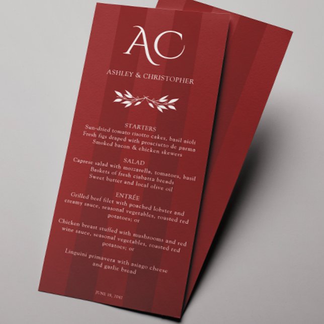 Minimalist Monogram Striped Rosewood Red Wedding Menu (Creator Uploaded)