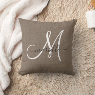 Minimalist Monogram Taupe Faux Linen Throw Pillow
