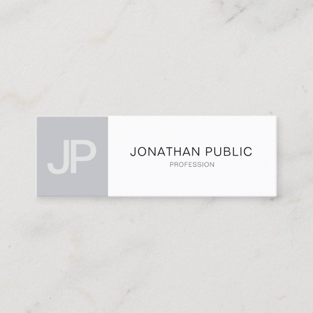 Minimalist Monogram Trendy Modern Grey White Plain Mini Business Card (Front)