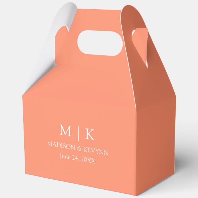 Minimalist Monogram Wedding Coral Peach Gable Favor Box (Front)