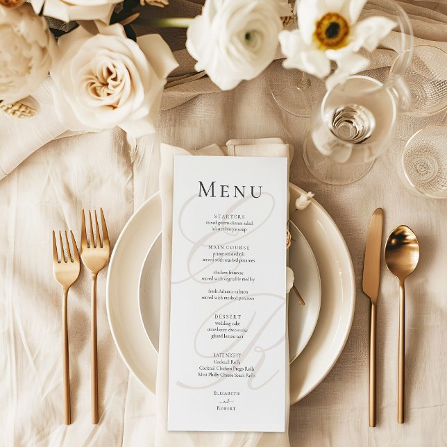 Minimalist Monogram Wedding Menu Card (Minimalist Monogram Wedding Menu Card on a beige and neutral wedding dinner table with flowers)