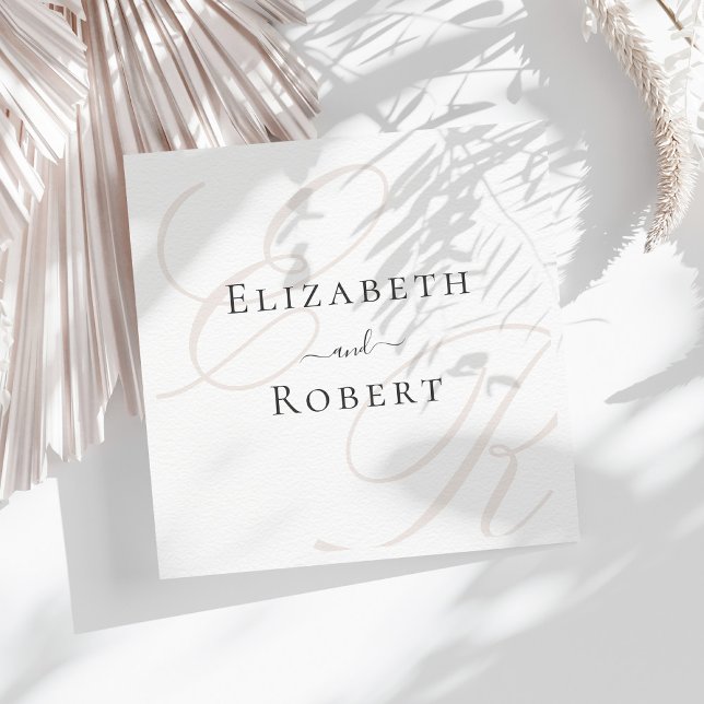 Minimalist Monogram Wedding Napkins (Elegant Minimalist Beige Monogram Wedding Napkins on a sunny table with neutral dry botanicals)