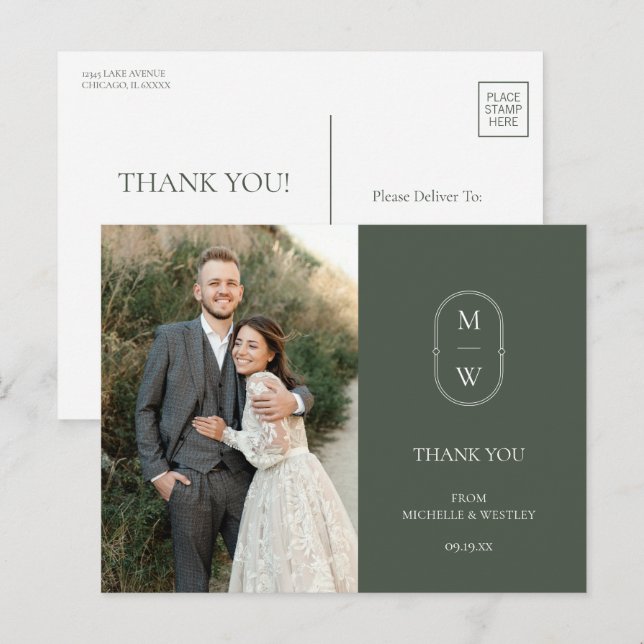 Minimalist Monogram Wedding Photo Thank You Postcard (Front/Back)