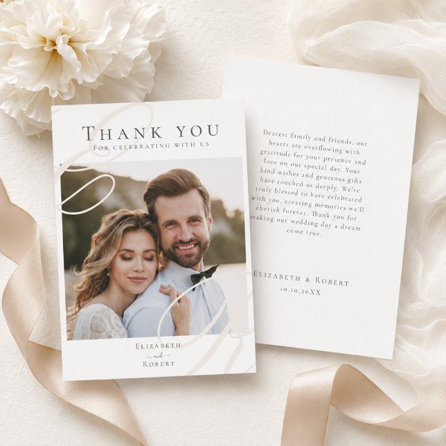 Minimalist Monogram Wedding Thank You Card (Minimalist Monogram Wedding Thank You Card on a table with a white flower and a silk ribbon)