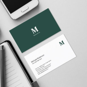 Minimalist Monogram with Initial on Dark Green Business Card