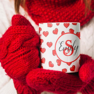 Minimalist Monogrammed Red Hearts Lovers Pattern Coffee Mug