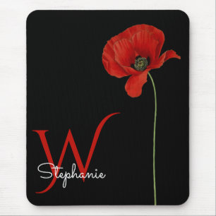 Minimalist Monogrammed Red Poppy on Black Mouse Pad