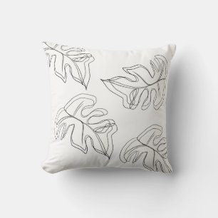 Minimalist Monstera Hand Drawn Gesture Black White Throw Pillow