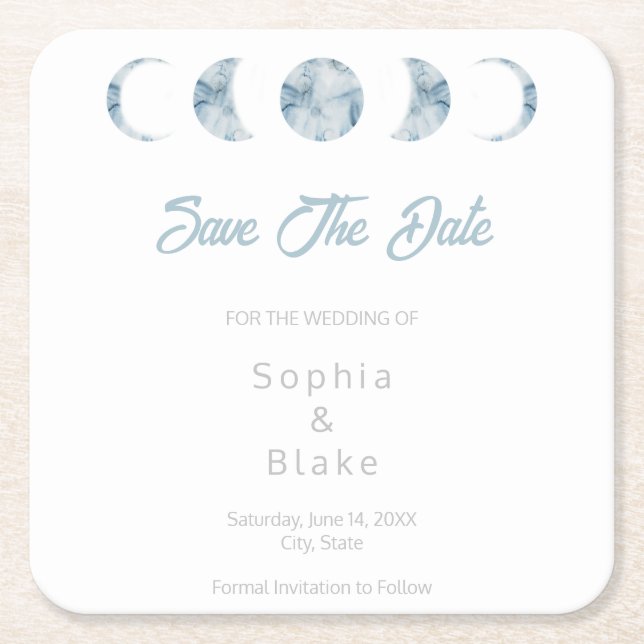 Minimalist Moon Phases Celestial Save the Date Square Paper Coaster (Front)