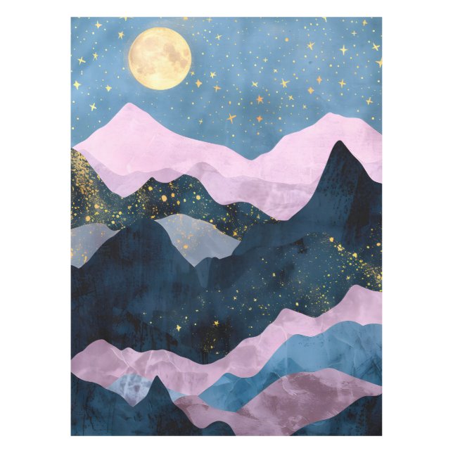 Minimalist Moon Stars Celestial Mountain Valley Tablecloth (Front)