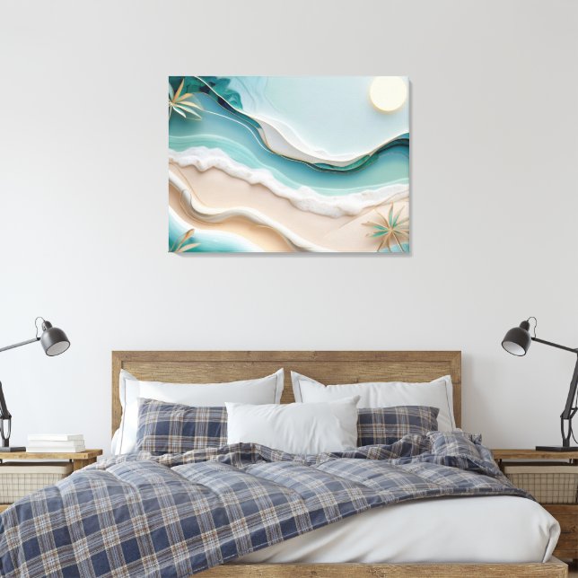 Minimalist Mosaic Beach Landscape with Palm Trees Canvas Print (Insitu(Bedroom))
