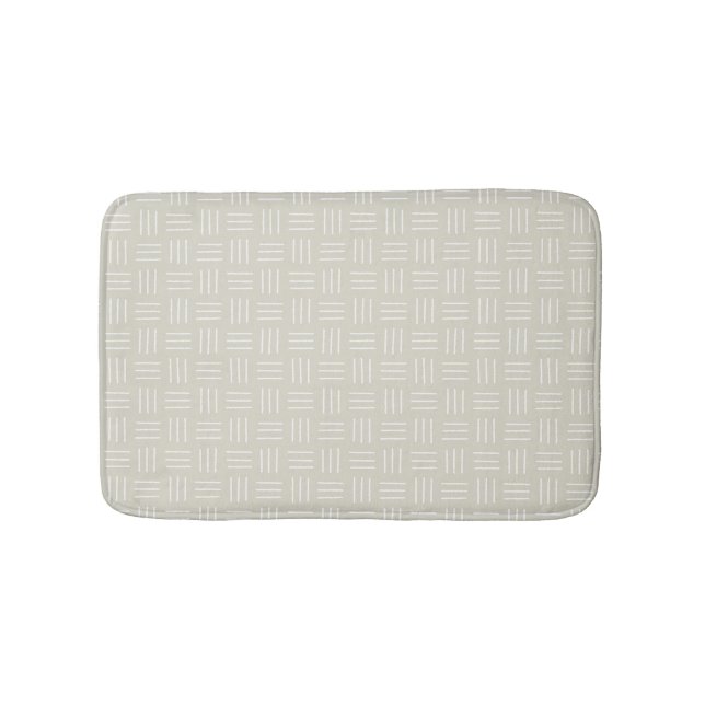 Minimalist Mudcloth Basket Weave, White, Beige Bath Mat (Front)