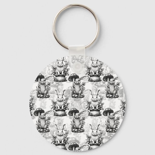 Minimalist Mushroom Rabbit Pattern Design  Keychain (Front)