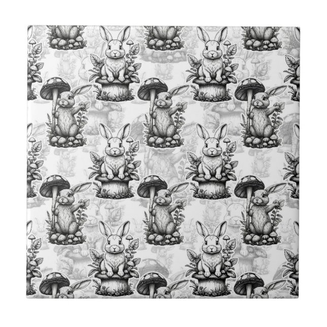 Minimalist Mushroom Rabbit Pattern Design  Tile (Front)