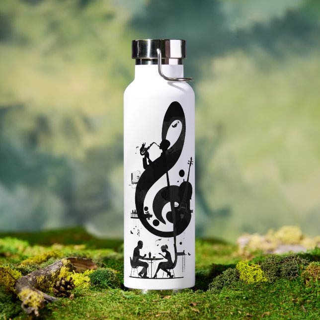Minimalist Musical Treble Clef Art - Saxophone  Water Bottle (Outdoor (Rotated))