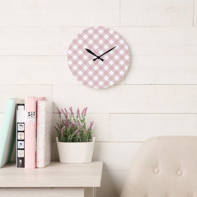 Minimalist Muted Pink Shade Plaid Pattern Large Clock (Reading Room)