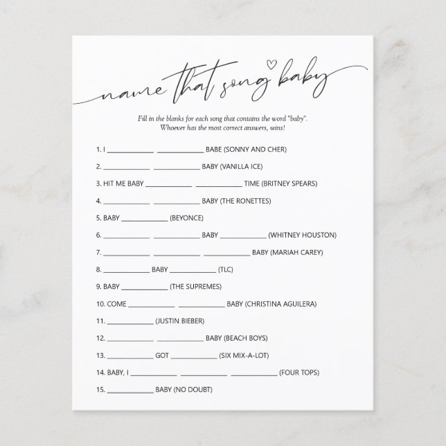 Minimalist Name that Song Baby Shower game  (Front)