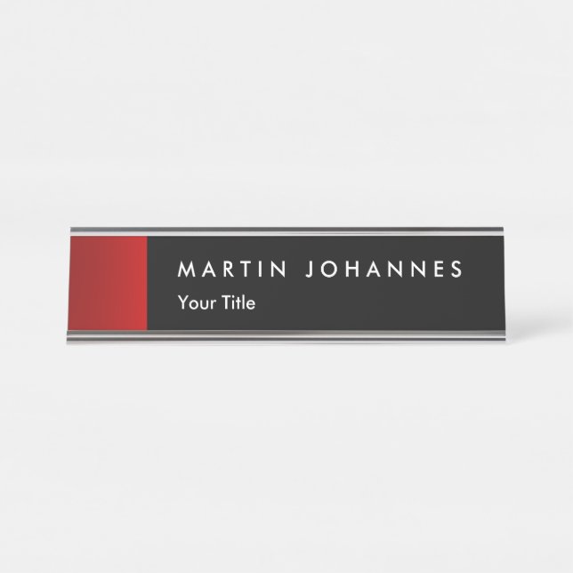 Minimalist name title black red professional desk name plate (Front)