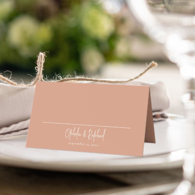 Minimalist Names Date Terracotta Wedding  Place Card (Terracotta wth cream lettering)