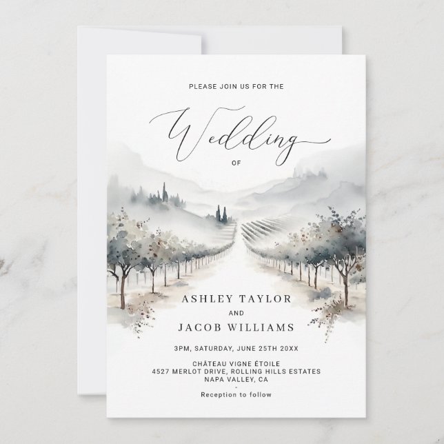 Minimalist Napa Valley Watercolor Vineyard-Themed  Invitation (Front)