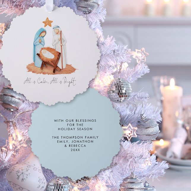 Minimalist Nativity Scene All Is Calm Christmas Ornament Card (Front and back view)