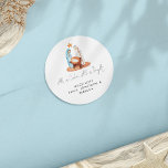 Minimalist Nativity Scene All Is Calm Name Classic Round Sticker<br><div class="desc">Minimalist Nativity Scene All Is Calm Name.  A modern illustration Nativity Scene and a line from the carol Silent Night in an elegant set script on a white background for a contemporary feel. Easily personalise your greeting and names at the bottom.</div>
