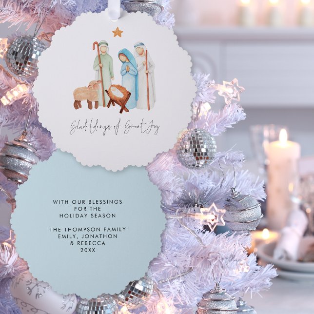 Minimalist Nativity Scene Glad Tidings Christmas Ornament Card (Front and Back View)