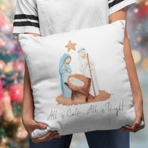 Minimalist Nativity Scene Script All Is Calm Throw Pillow