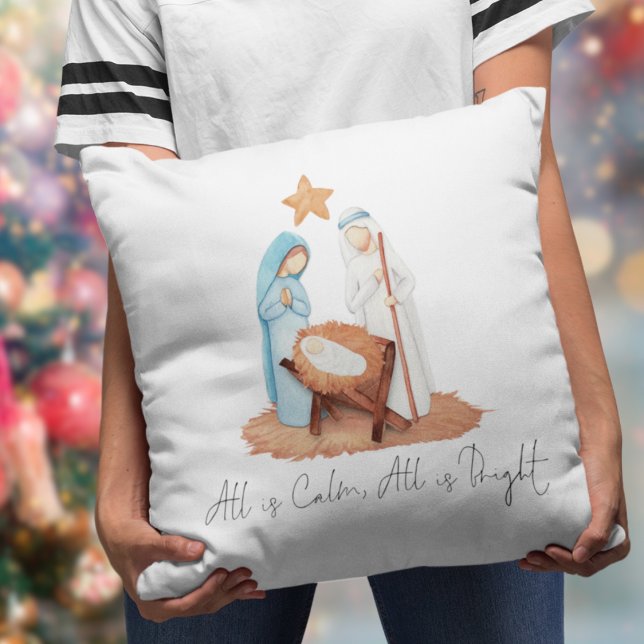 Minimalist Nativity Scene Script All Is Calm Throw Pillow (Mar Joseph Baby Jesus Manger Pillow. Same design both sides.)