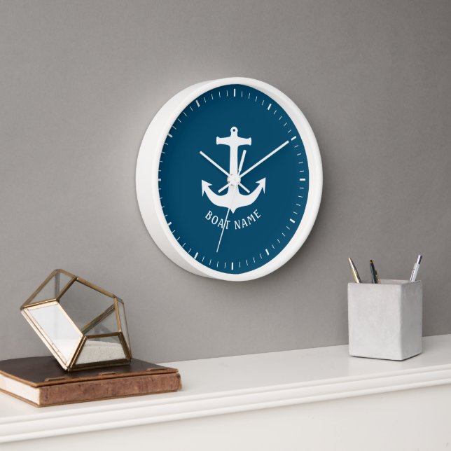 Minimalist Nautical Ocean Blue Boat Name Clock (Office)