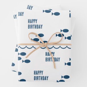 Minimalist Nautical Theme Blue White Birthday Wrapping Paper Sheet