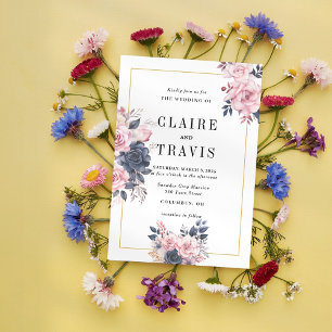 Minimalist Navy and Blush Floral Wedding Invitatio Invitation