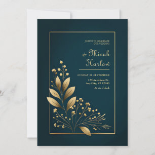 Minimalist Navy and Gold Botanical Wedding Invitation