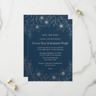 Minimalist Navy and Silver Floral Save the Date Ca