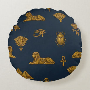 Minimalist Navy & Antique Gold Egyptian Pattern Round Pillow