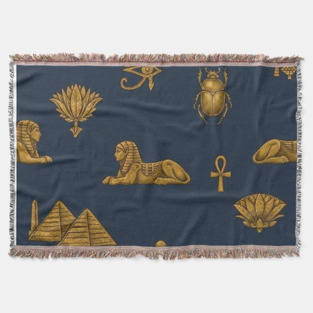 Minimalist Navy & Antique Gold Egyptian Pattern Throw Blanket (Front)