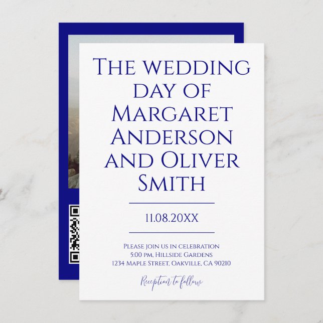 Minimalist Navy Blue All in One QR Code Wedding  Invitation (Front/Back)