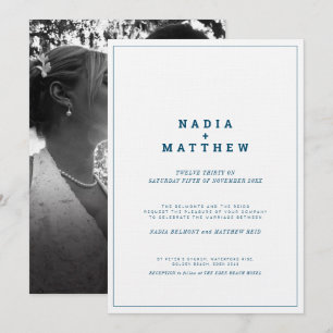 Minimalist navy blue and white text photo wedding invitation