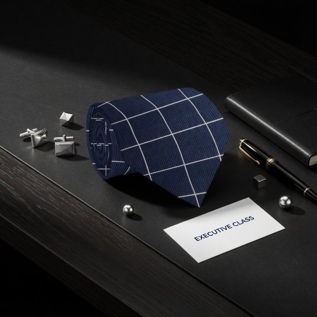 Minimalist Navy Blue and White Windowpane Grid Tie (Creator Uploaded)