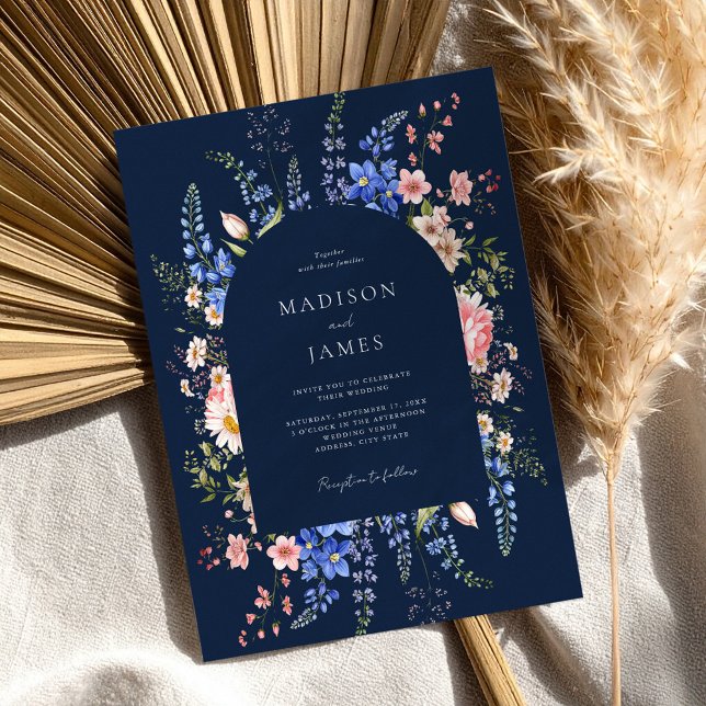 Minimalist Navy Blue Boho Wildflower Wedding Invitation (Creator Uploaded)