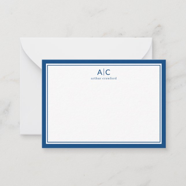 Minimalist Navy Blue Border Modern 2 Monogram Name Card (Front)