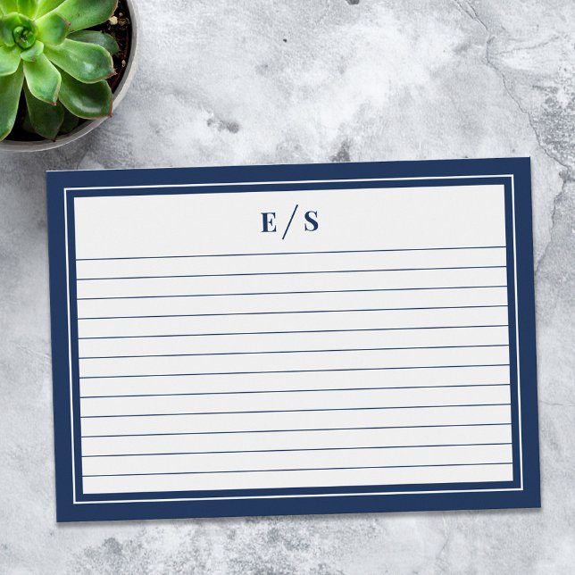 Minimalist Navy Blue Border Monogram Ruled Index Card (Creator Uploaded)