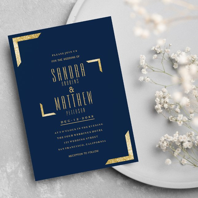 Minimalist navy blue glam gold glitter Wedding Invitation (Minimalist navy blue glam gold glitter Wedding)